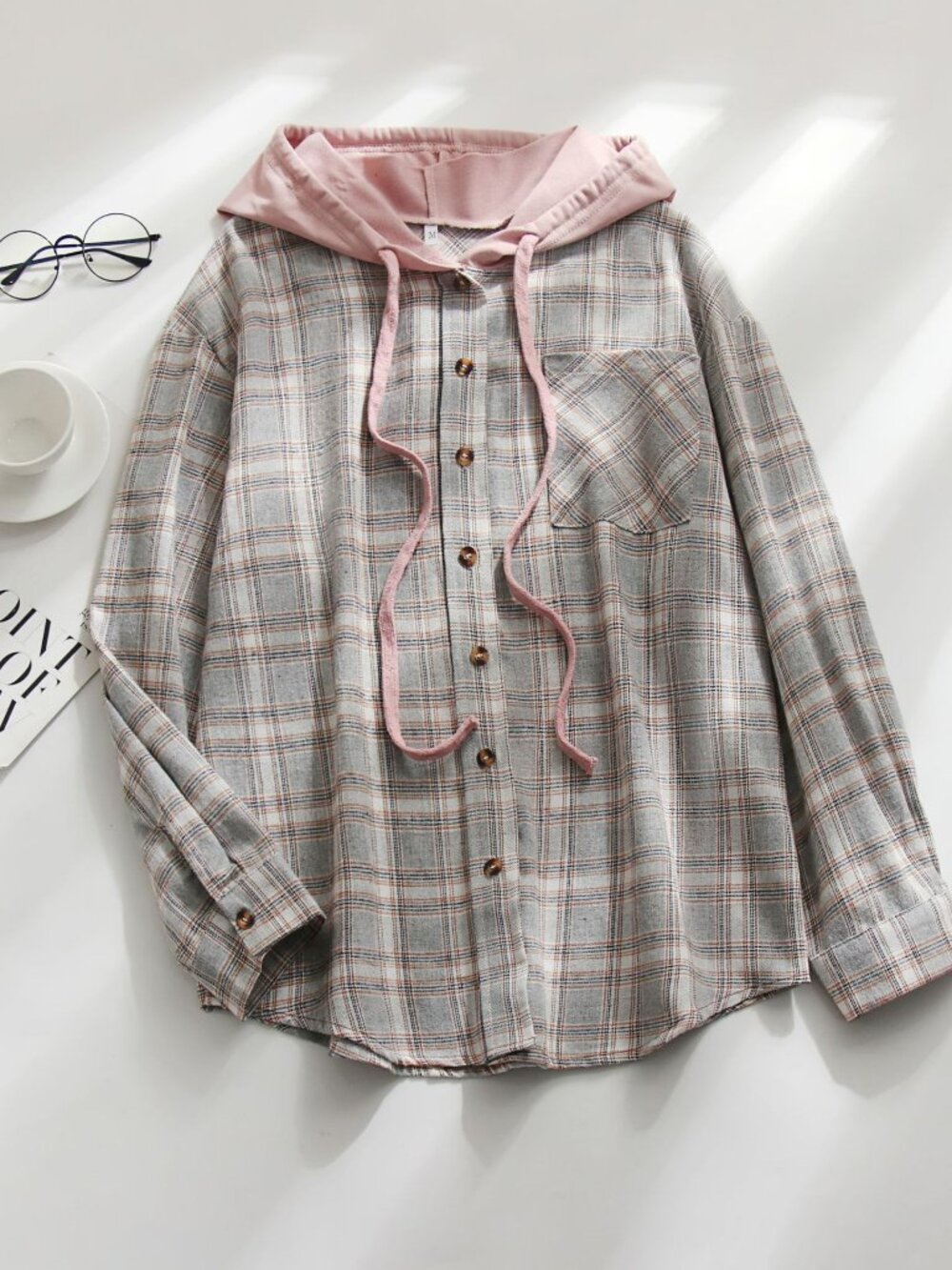 Women's Gray Plaid Hooded Shirt Casual Long Sleeve Top